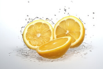 Fototapeta na wymiar Juicy lemons and splashes of water on a white background. AI generative.