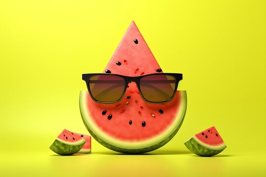 Watermelon with Sunglasses on Yellow background. Generative AI