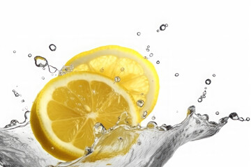 Ripe lemon slices and splashes of water on a white background. AI generative.