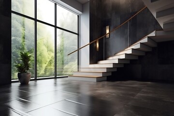 Modern and Elegant Staircase with Black Cement Stone, Glass Panel, and Stainless Steel Handrail - Perfect for Interior Background of Polished Concrete Wall Hall, Ai Generative