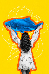 Photo collage artwork minimal picture of funny glamour lady holding huge fish isolated creative background