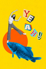 Vertical collage image of mini positive black white gamma girl huge blue fish dance scream yeah...