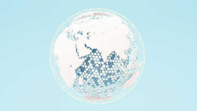 3d model of the globe of Earth with a network of connections. Eurasia, South Asia, Africa, India, Middle East, Indian Ocean.