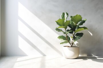 Minimalist Gray-White Concrete Wall with Sunlit Fiddle Leaf Fig Tree - Ideal for Luxury Organic Beauty Product Display Banner Background, Ai Generated