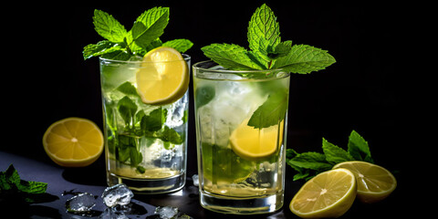 Fototapeta premium Two shot of mojito cocktail in glass with garnish on black table. Close up. generative ai 