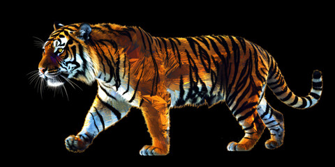 Obraz premium prowling tiger isolated on black background, generative ai