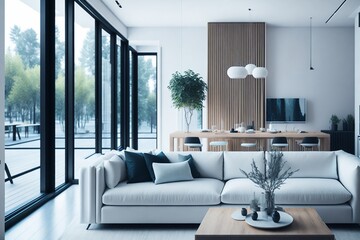 Fototapeta premium Illustration of modern light apartment with big windows created with Generative AI technology.