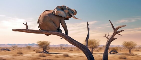 Happy Elephant, Sitting on Tree Branch, Summer Desert Landscape, Generative AI