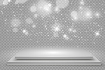 Podium, pedestal or platform, with sparks in the background. Vector illustration. Bright light. Light from above. Place for ads
