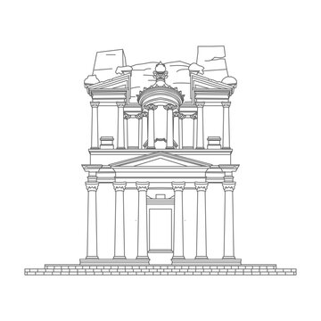 line art of petra old building, wonder of the world.