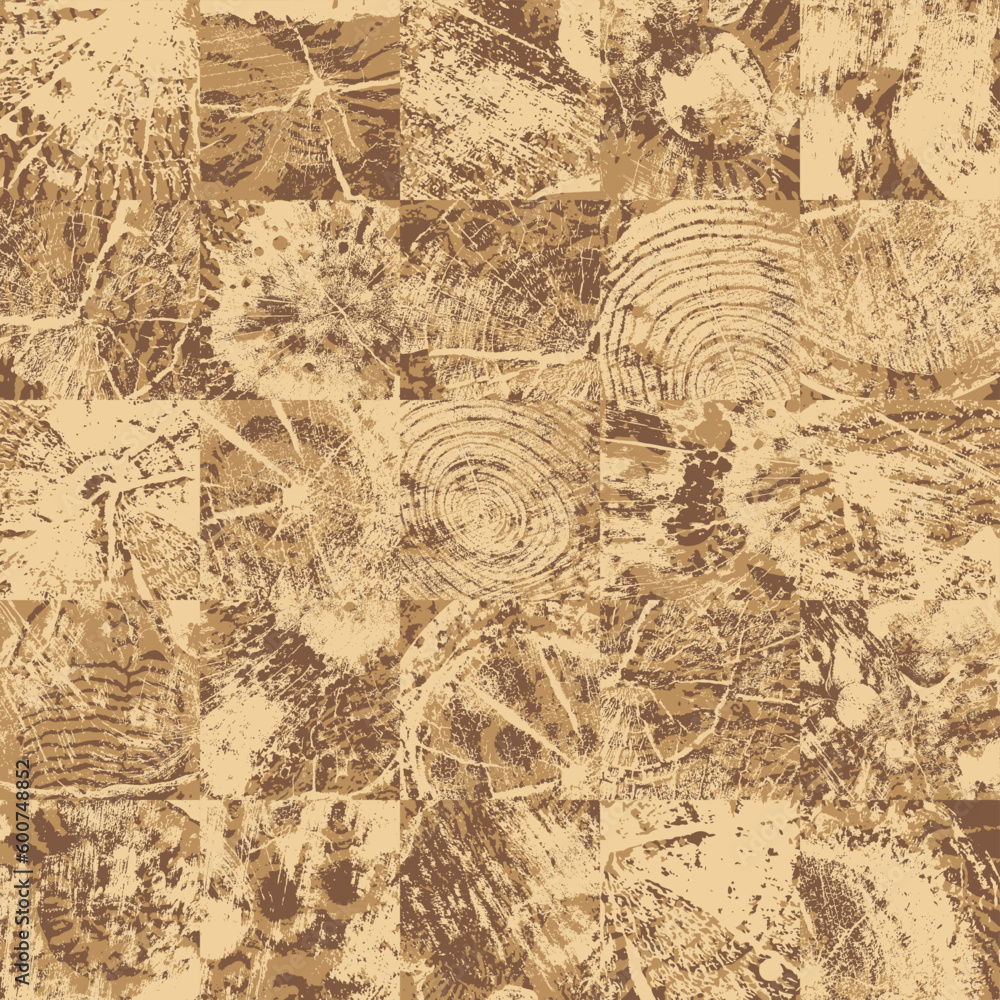 Poster abstract seamless pattern texture consisting of square elements of wood saw cuts and sea stone textu