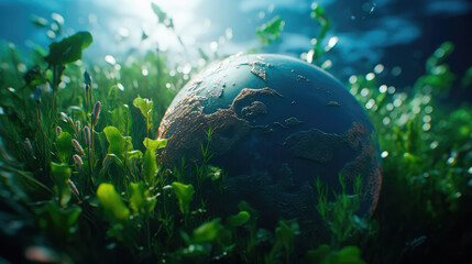 Obraz na płótnie Canvas Globe in the moss in the forest on World Earth Day. Generative AI