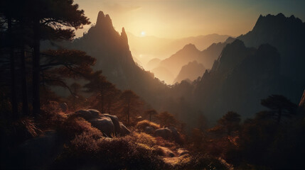 Early morning sunrise in the Huangshan mountains. Magnificent landscape. AI generated. Generative AI