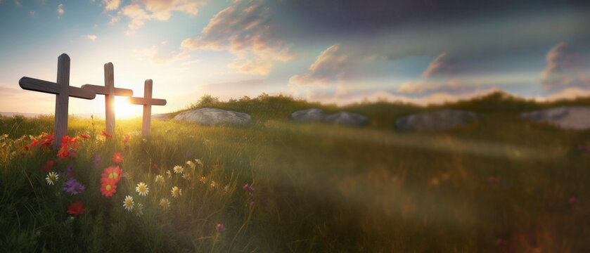 three crosses sit apon a flower covered hill web banner ratio copy space generative ai