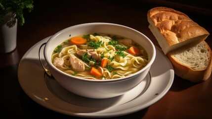 a comforting bowl of chicken noodle soup. Generative AI