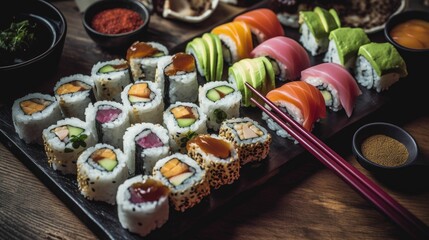 Fototapeta na wymiar sushi rolls with chopsticks. Generative AI