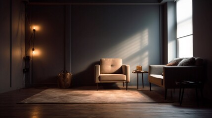 Empty wall, mockup, interior of modern living room with armchair, sofa and lamp. Generative AI