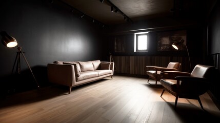 Interior of a dark room with a brown sofa and armchairs, empty wall. Generative AI. - obrazy, fototapety, plakaty