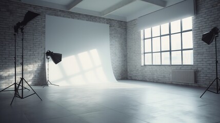 Interior of modern photo studio with white brick walls, concrete floor and professional equipment. Mock up, Generative AI.