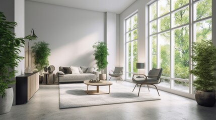 Empty wall, mockup, Interior of modern living room with white walls, concrete floor, comfortable sofa and coffee table. Generative AI. - obrazy, fototapety, plakaty