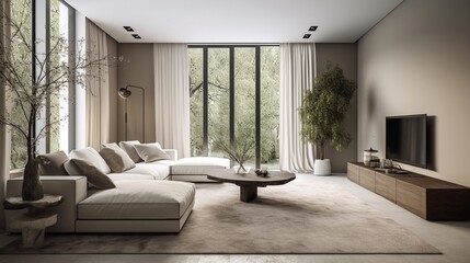 Modern bright interiors apartment Living room, large windows. Generative Ai - obrazy, fototapety, plakaty