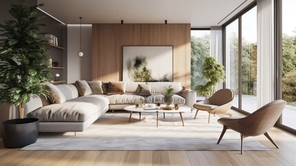 Empty wall, mockup, Interior of modern living room with wooden walls, wooden floor, comfortable beige sofa and coffee table. Generative AI.