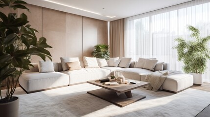 Empty wall, mockup, modern bright interiors living room,  Generative AI.