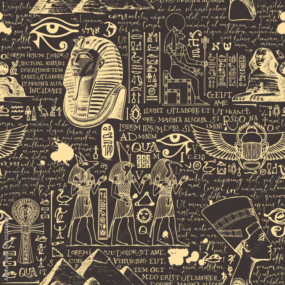 Poster seamless pattern on an ancient egypt theme with color images of egyptian gods and handwritten text l