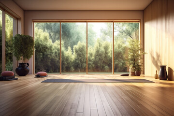 Serene and calming yoga room with bamboo floors, natural mats. Generative AI. 