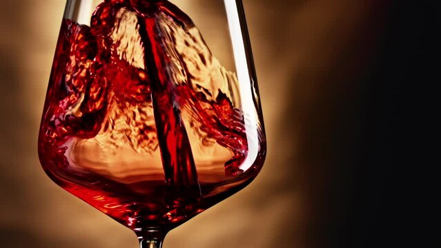 Red wine forms beautiful wave. Wine pouring in wine glass over yellow background. Slow motion of pouring red wine from bottle into goblet. Alcohol concept with copy space