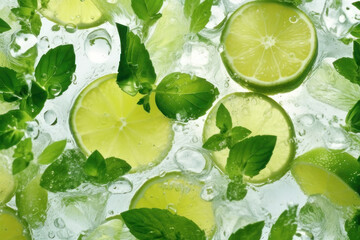 Mojito. Lime slices, mint leaves and water splashes on white background. AI generative.