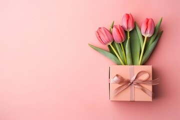 Red Tulips with Card and Gift Box. Generative AI