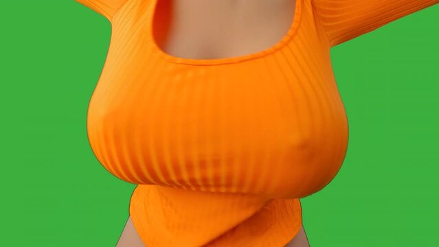 Big breasts on the torso of a doll, resembling a woman in a orange tight shirt. Arms lifted, she is shaking her breasts close to camera. Green screen, 60 fps.