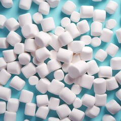 marshmallows scattered. a pile of marshmallows on a blue background.