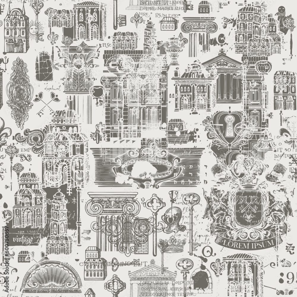 Poster abstract grunge seamless pattern on ancient architecture and art. hand-drawn vector background with 