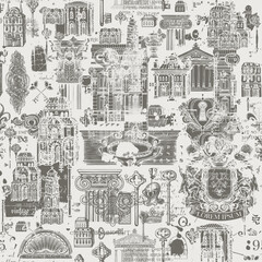 Fototapeta na wymiar Abstract grunge Seamless pattern on ancient architecture and art. Hand-drawn vector background with vintage buildings, architectural elements, coat of arms and old keys. Wallpaper, fabric