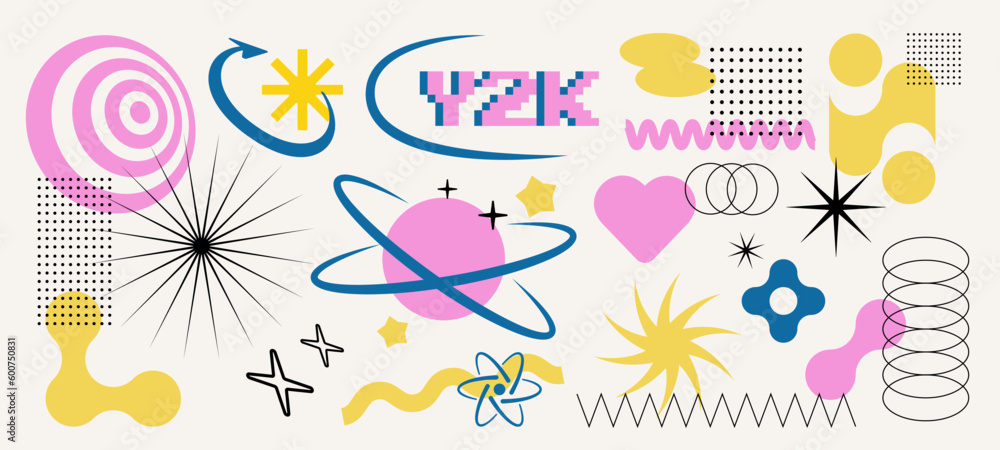Poster trendy y2k set of abstract retro elements, signs and symbols. decorative vector objects in 2000s aes