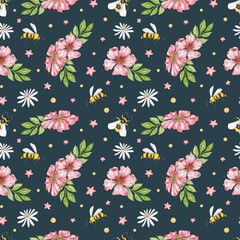 Watercolor floral pattern. Seamless pattern with Chinese cherry blossoms, bees and daisies. Summer design for textiles, patchwork, wallpaper and scrapbooking.