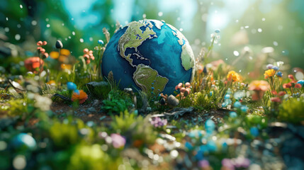 Fototapeta na wymiar Globe in the moss in the forest on World Earth Day. Generative AI