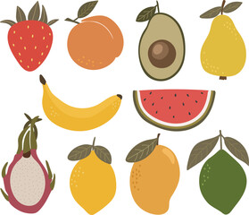 Cute fruits vector set, Abstract fruits vector set, Summer fruits, Kids illustration