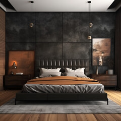 modern dark bed room, made bed, cozy, stylish
