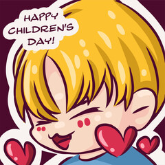 cute cartoon boy with blonde hair with text children's day