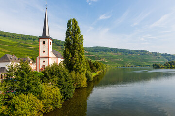 Piesport vom Moselufer mit Blick über die Mosel