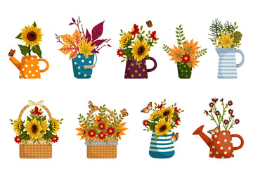 A set of bouquets of autumn leaves and sunflower flowers in wicker baskets and vintage vases, watering cans.Vector graphics. © Катерина Якубович