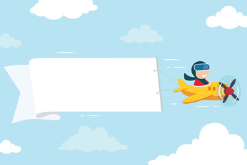 Cute pilot flying on vintage red airplane with banner. Flat vector illustration