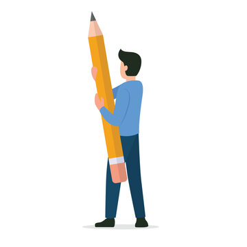 Man holding big pencil.Cute funny isolated character. Drawing, writing, creating, design, blogging concept vector illustration