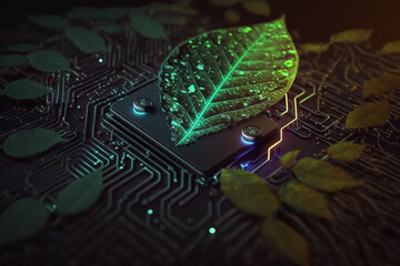 Future Green and violet Computing Sustainability Cybersecurity leaf technology drop circuit network