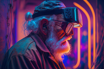 Old man in the future with smart glasses cyberpunk environment technology metaverse avatar
