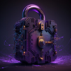 Cybersecurity locker backdoor hacking purple steel with gold elements