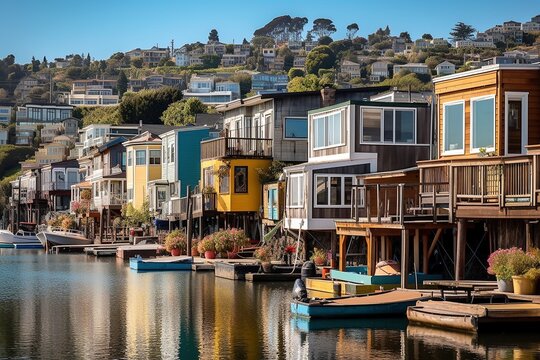 Waldo Point Harbor, Houseboats Silhouettes, San Francisco Bay, Generative AI